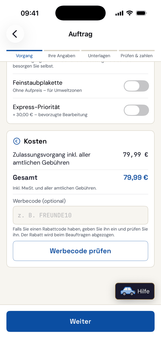 Kostenübersicht einer Umschreibung: Zulassungsvorgang inklusive aller amtlichen Gebühren 79,99 Euro, gesamt 79,99 Euro.