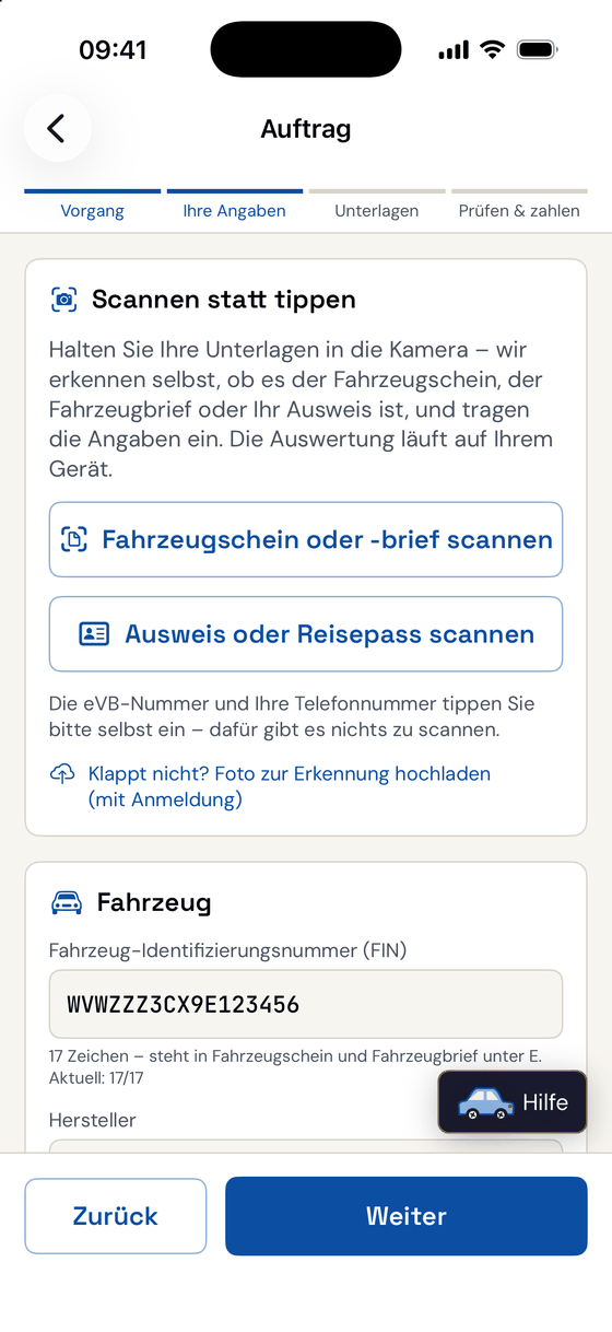 Scan-Schritt in der App: Knöpfe „Fahrzeugschein oder -brief scannen“ und „Ausweis oder Reisepass scannen“, darunter das Feld für die Fahrzeug-Identifizierungsnummer.