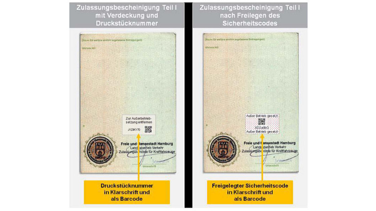 Zulassungsbescheinigung Teil I (Fahrzeugschein): links der Sicherheitscode verdeckt durch die silberne Deckschicht mit Druckstücknummer, rechts der freigelegte Sicherheitscode in Klarschrift und als Barcode — amtliche Abbildung