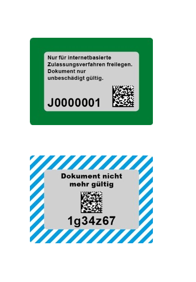 Sicherheitscode-Etikett der Zulassungsbescheinigung Teil II: oben verdeckt und gültig, unten nach dem Freilegen mit sichtbarem Code — das Dokument wird dabei ungültig