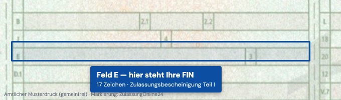 Amtlicher Musterdruck der Zulassungsbescheinigung Teil I mit markiertem Feld E, in dem die 17-stellige FIN steht