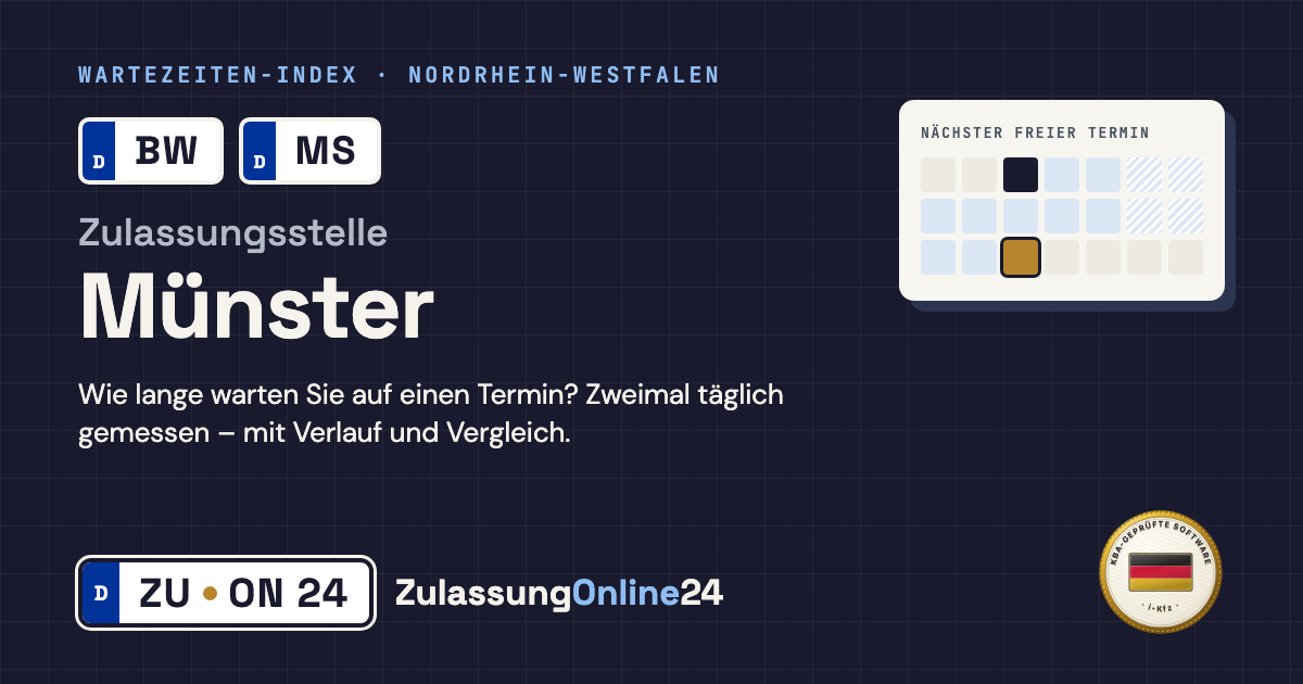 Zulassungsstelle Münster (BW, MS, Nordrhein-Westfalen): Wartezeit auf einen Termin, zweimal täglich gemessen – Wartezeiten-Index von ZulassungOnline24