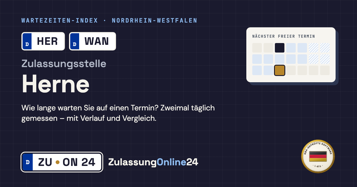 Zulassungsstelle Herne (HER, WAN, Nordrhein-Westfalen): Wartezeit auf einen Termin, zweimal täglich gemessen – Wartezeiten-Index von ZulassungOnline24