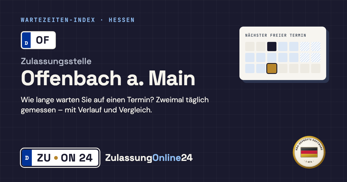 Zulassungsstelle Offenbach a. Main (OF, Hessen): Wartezeit auf einen Termin, zweimal täglich gemessen – Wartezeiten-Index von ZulassungOnline24