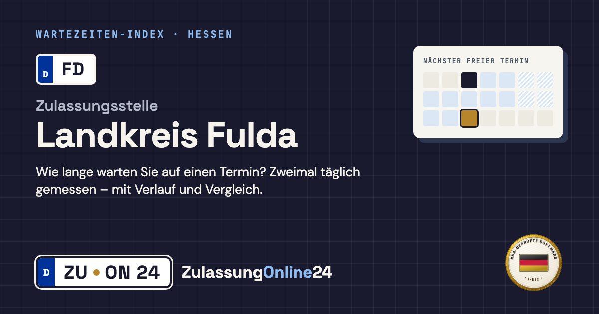 Zulassungsstelle Landkreis Fulda (FD, Hessen): Wartezeit auf einen Termin, zweimal täglich gemessen – Wartezeiten-Index von ZulassungOnline24