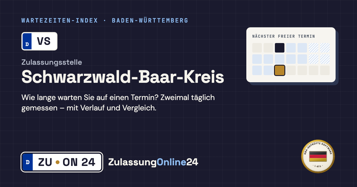 Zulassungsstelle Schwarzwald-Baar-Kreis (VS, Baden-Württemberg): Wartezeit auf einen Termin, zweimal täglich gemessen – Wartezeiten-Index von ZulassungOnline24