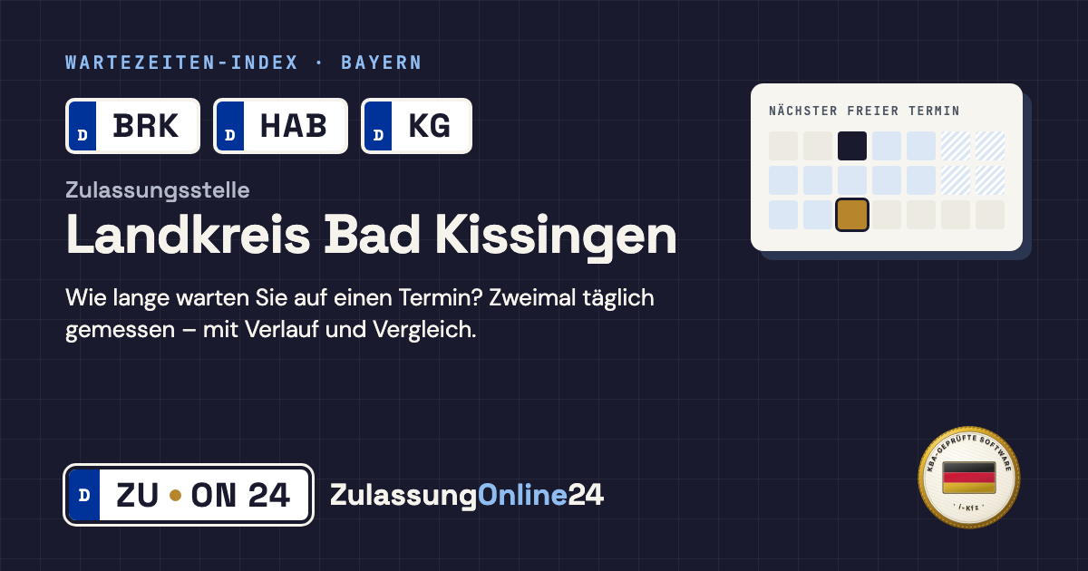 Zulassungsstelle Landkreis Bad Kissingen (BRK, HAB, KG, Bayern): Wartezeit auf einen Termin, zweimal täglich gemessen – Wartezeiten-Index von ZulassungOnline24