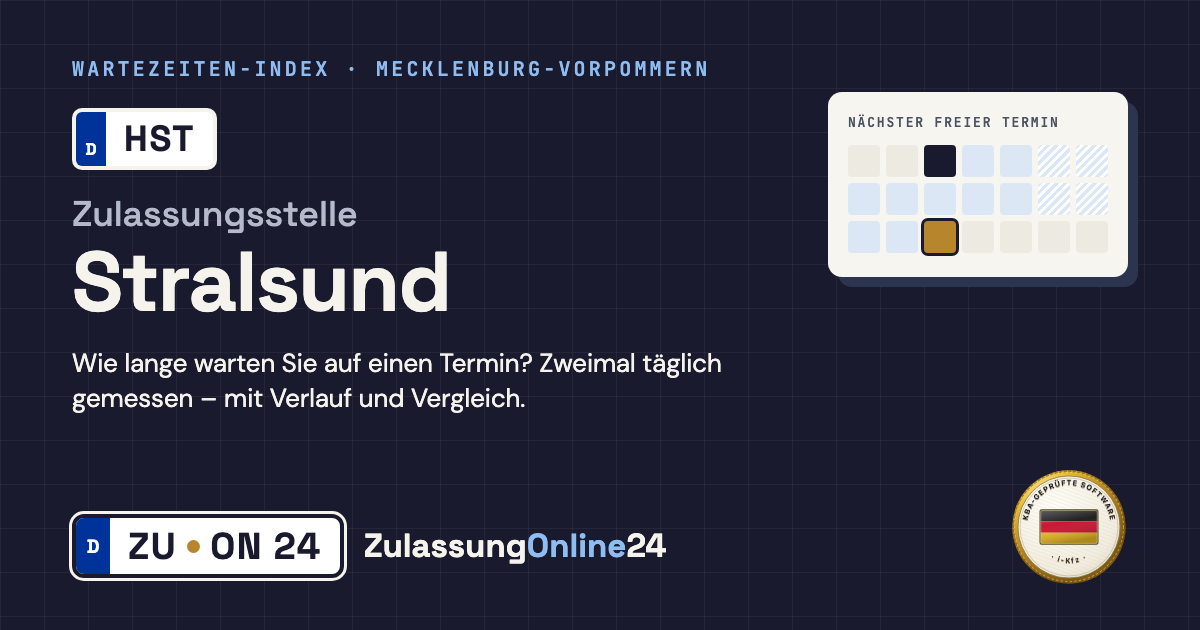 Zulassungsstelle Stralsund (HST, Mecklenburg-Vorpommern): Wartezeit auf einen Termin, zweimal täglich gemessen – Wartezeiten-Index von ZulassungOnline24