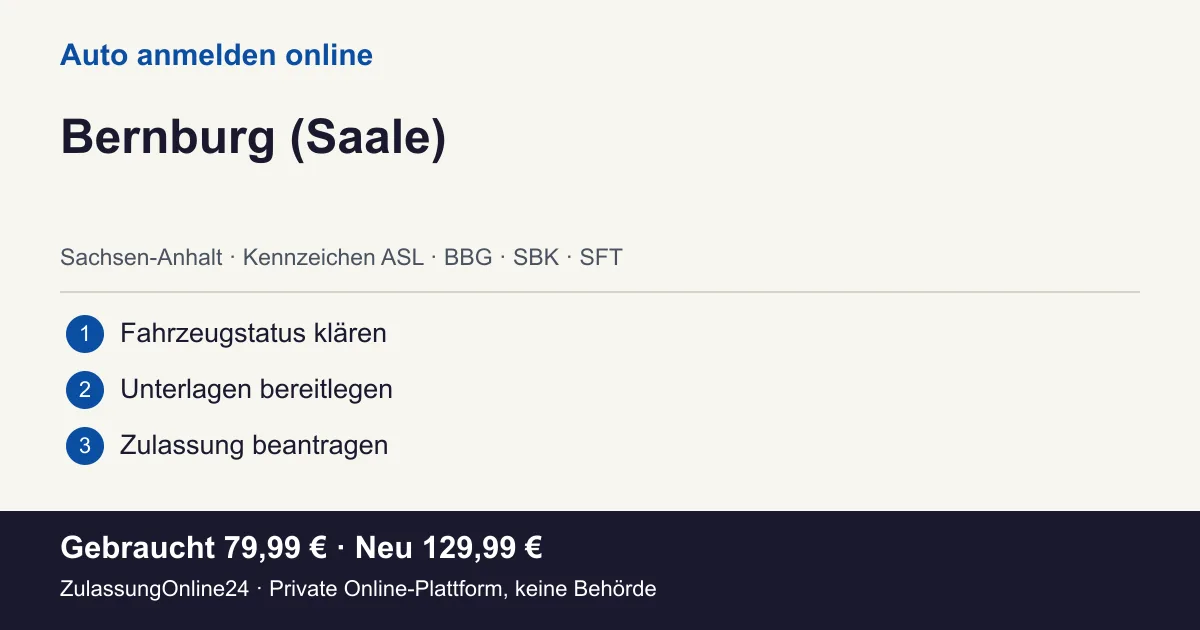 Auto anmelden: örtliche Einordnung für Bernburg (Saale) und die drei Vorbereitungsschritte