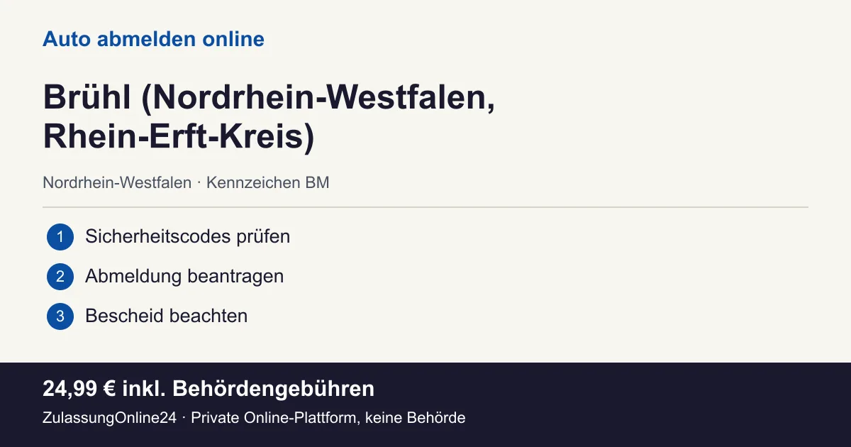 Auto abmelden: örtliche Einordnung für Brühl (Nordrhein-Westfalen, Rhein-Erft-Kreis) und die drei Vorbereitungsschritte