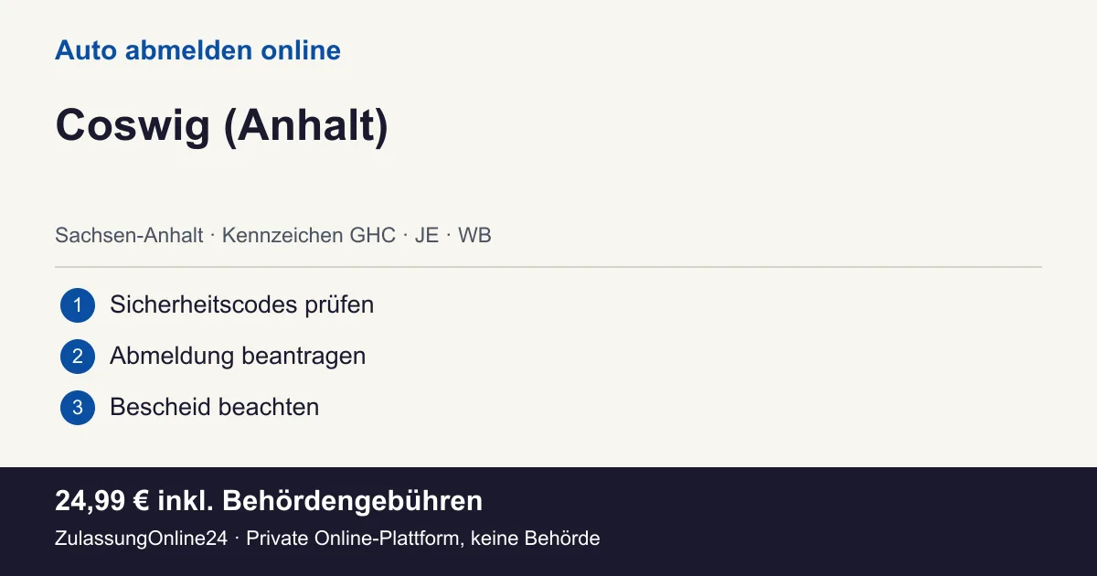 Auto abmelden: örtliche Einordnung für Coswig (Anhalt) und die drei Vorbereitungsschritte