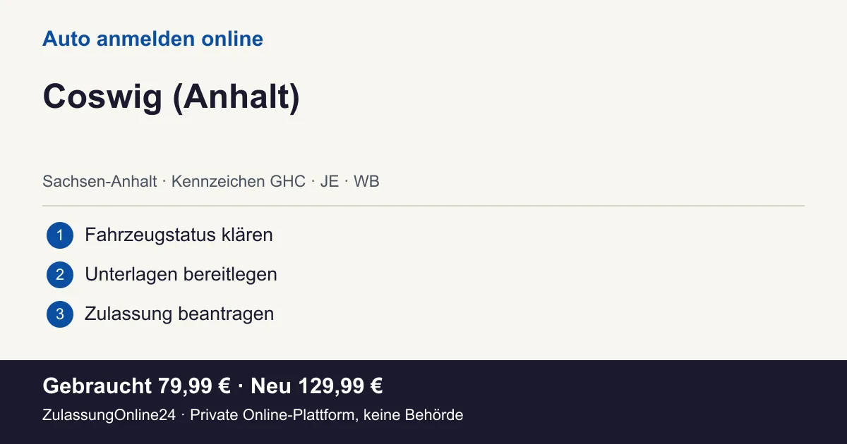 Auto anmelden: örtliche Einordnung für Coswig (Anhalt) und die drei Vorbereitungsschritte