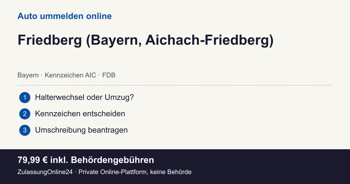 Auto ummelden: örtliche Einordnung für Friedberg (Bayern, Aichach-Friedberg) und die drei Vorbereitungsschritte
