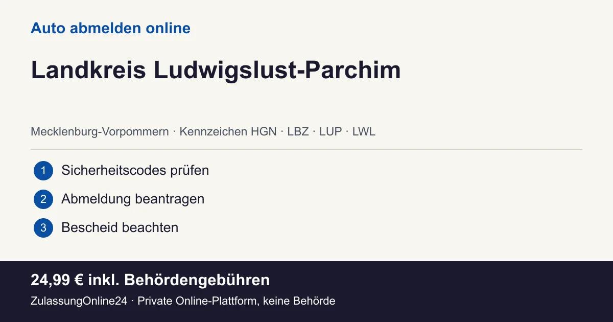 Auto abmelden: örtliche Einordnung für Landkreis Ludwigslust-Parchim und die drei Vorbereitungsschritte