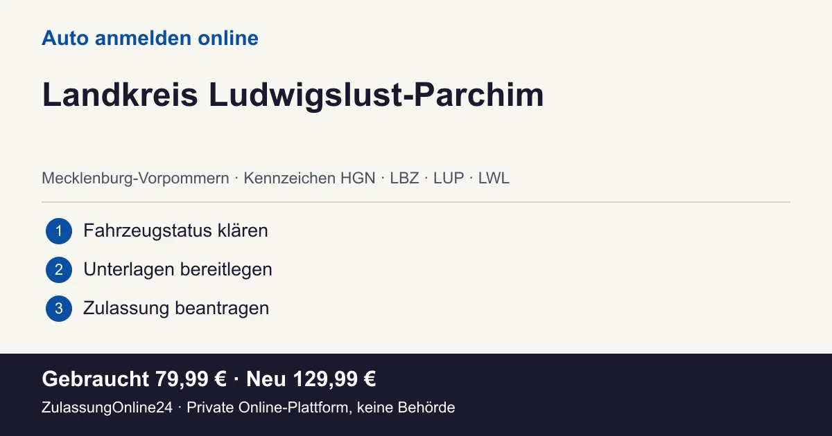 Auto anmelden: örtliche Einordnung für Landkreis Ludwigslust-Parchim und die drei Vorbereitungsschritte