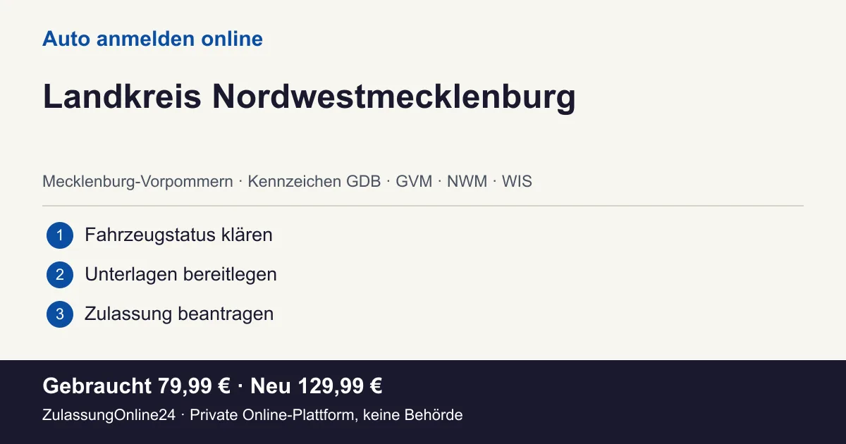 Auto anmelden: örtliche Einordnung für Landkreis Nordwestmecklenburg und die drei Vorbereitungsschritte