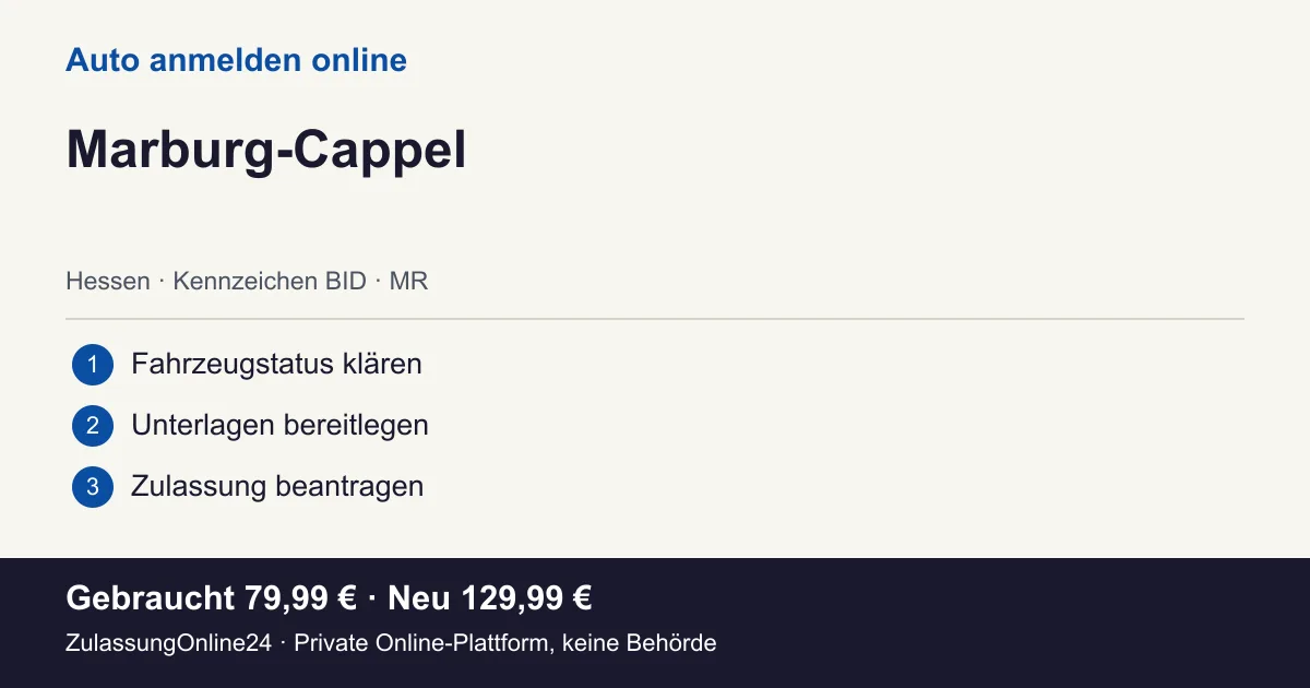Auto anmelden: örtliche Einordnung für Marburg-Cappel und die drei Vorbereitungsschritte