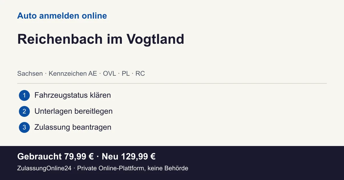 Auto anmelden: örtliche Einordnung für Reichenbach im Vogtland und die drei Vorbereitungsschritte