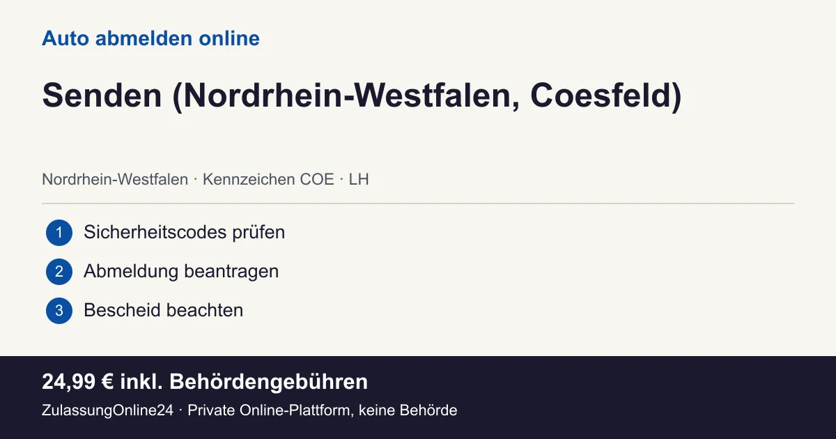Auto abmelden: örtliche Einordnung für Senden (Nordrhein-Westfalen, Coesfeld) und die drei Vorbereitungsschritte