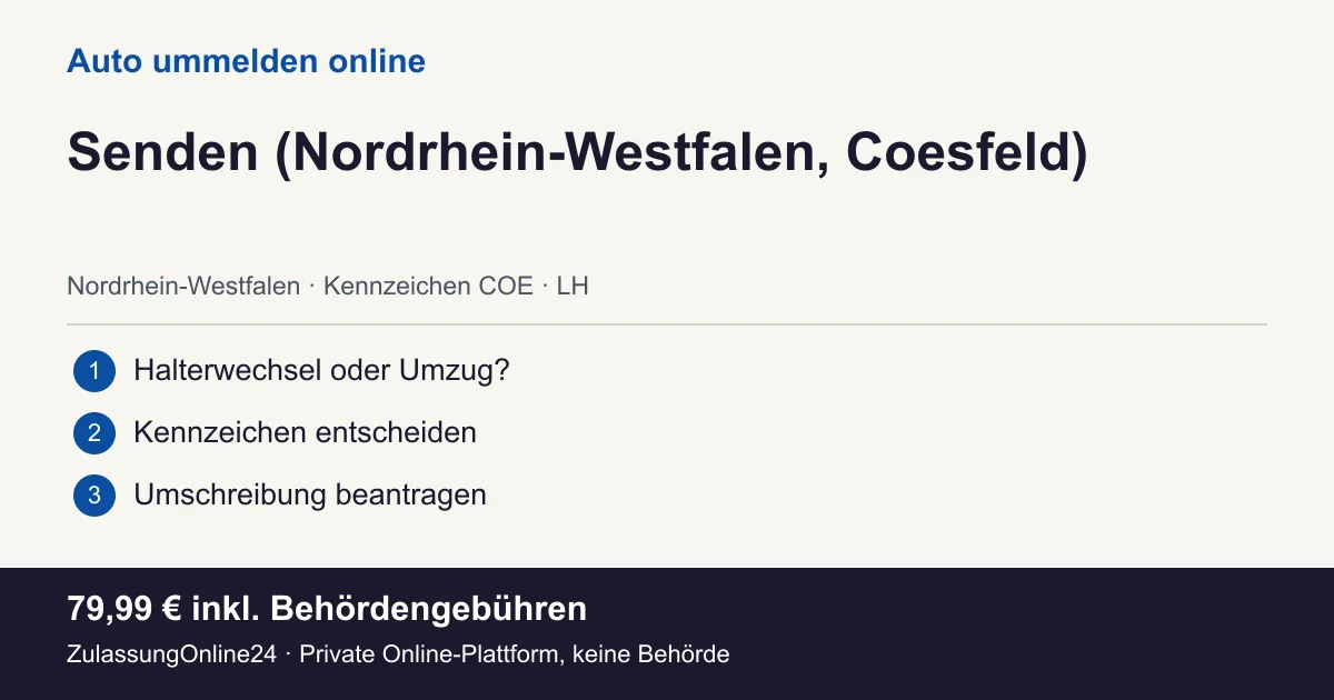 Auto ummelden: örtliche Einordnung für Senden (Nordrhein-Westfalen, Coesfeld) und die drei Vorbereitungsschritte
