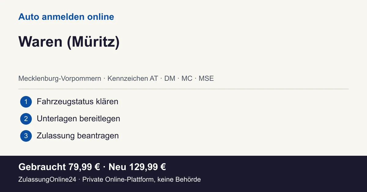 Auto anmelden: örtliche Einordnung für Waren (Müritz) und die drei Vorbereitungsschritte